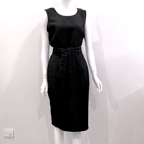 Basque Dresses & Skirts - BASQUE Solid Jacquard, Black Pencil Dress. Office Wear, Midi, Tie Waistband.